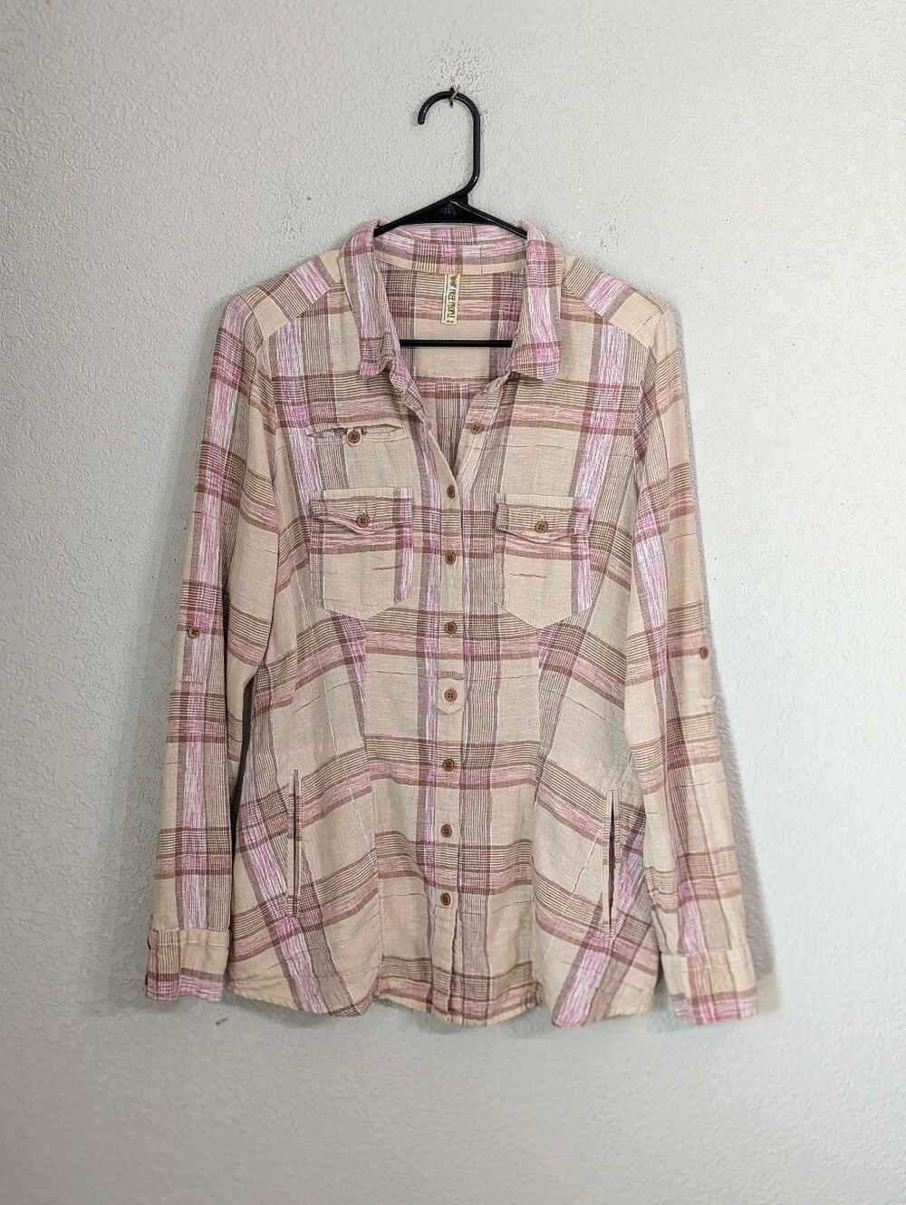 Free People Linen Cotton Blend Plaid Button Up Shirt Size M Long Sleeve Tan Pink